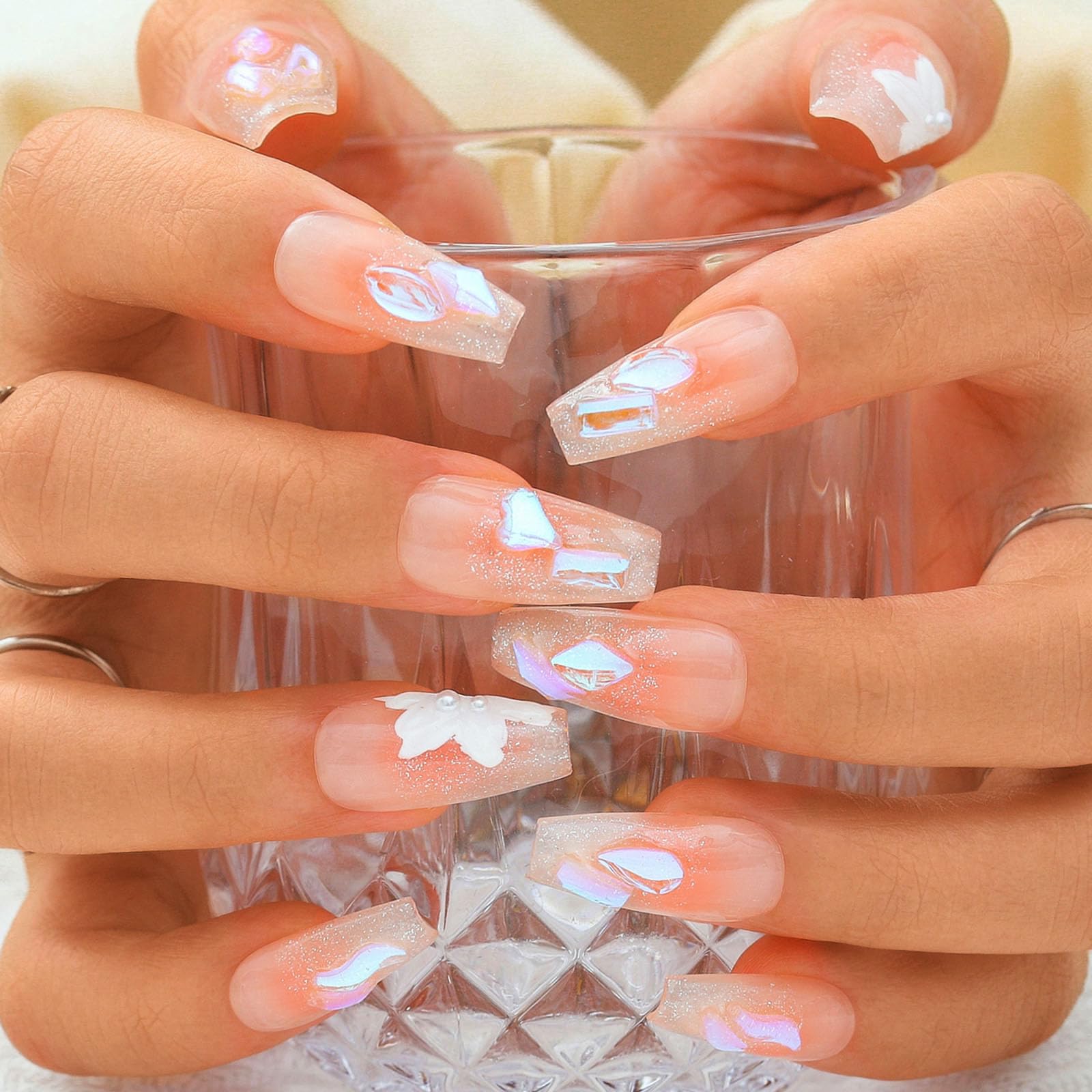 Sethexy Long Coffin Handmade False Nails - Gradient, Glitter Floral, Sparkly, Rhinestone, Press on Nails Women Salon Stick on Nails 10PCS