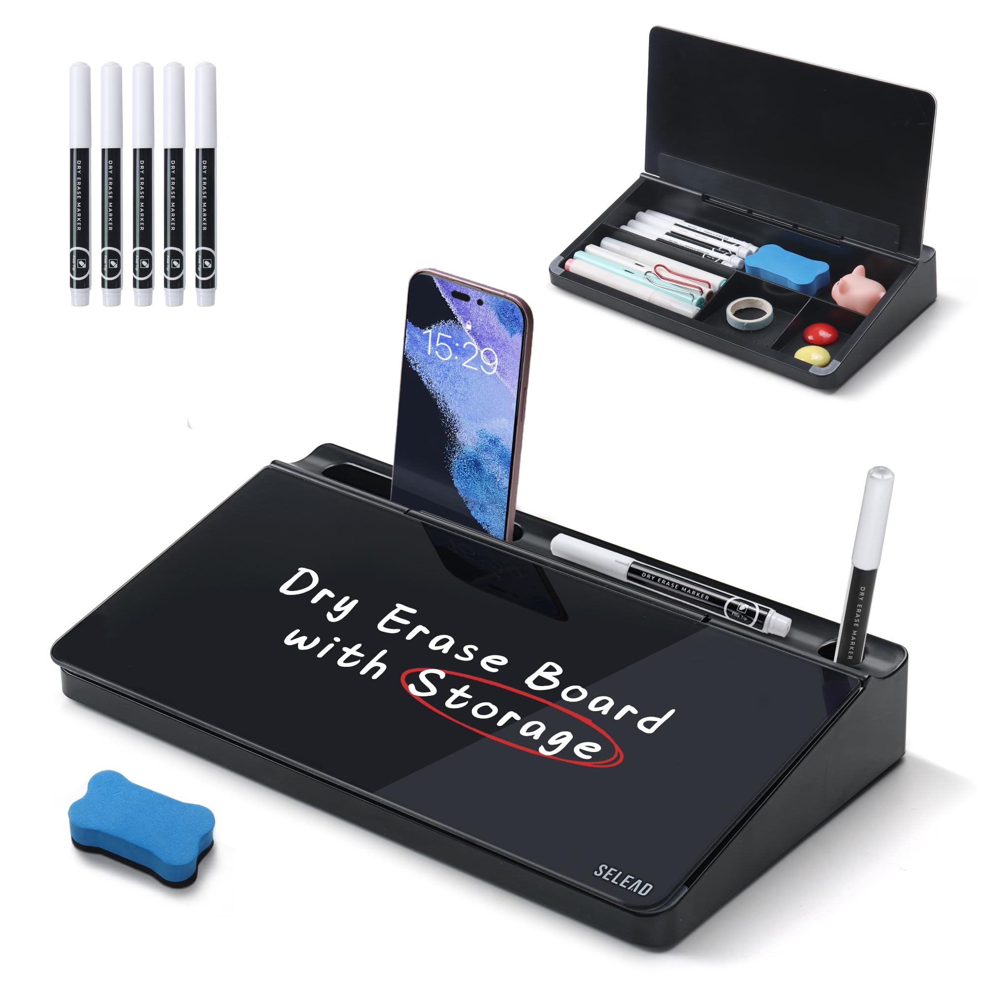 Photo 1 of SELEAD Desktop Glass Whiteboard with Storage, Small Dry Erase White Board Computer Pad Keyboard Stand for Home, School, Office Desk Accessories - Black