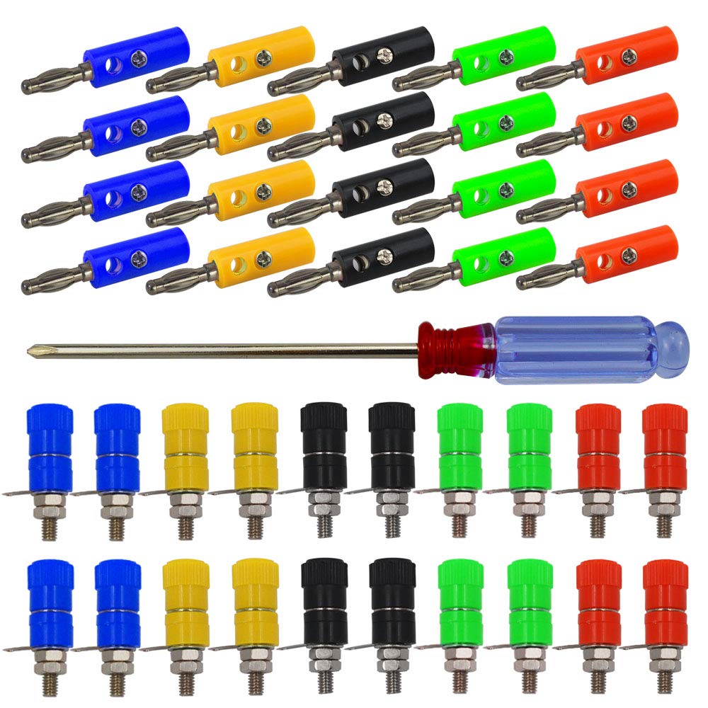 Senven 40Pcs Banana Connector, 4mm Banana Terminal Adapter, 20 Male + 20 Female, 5 Colors (Green, Blue, Red, Black, Yellow)
