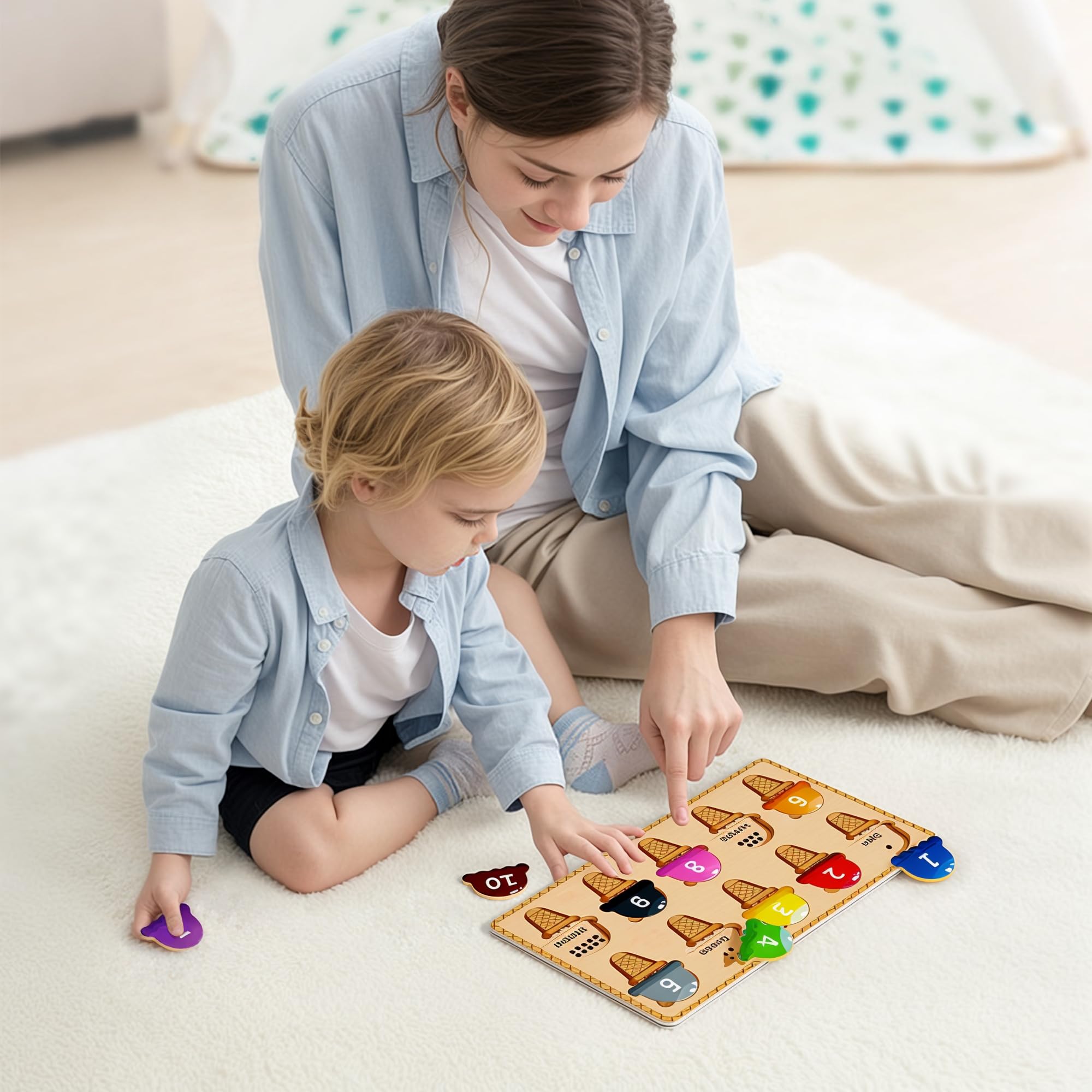 Wooden Puzzles for Toddlers,Montessori Toys,Preschool Learning Activities,Peg Puzzle with Ice Cream Shape and Color Number Matching Educational Toys