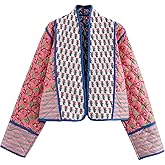 Flygo Women Cropped Puffer Jacket Cardigan Floral Printed Quilted Coats Lightweight Open Front Crop Padded Down Jackets