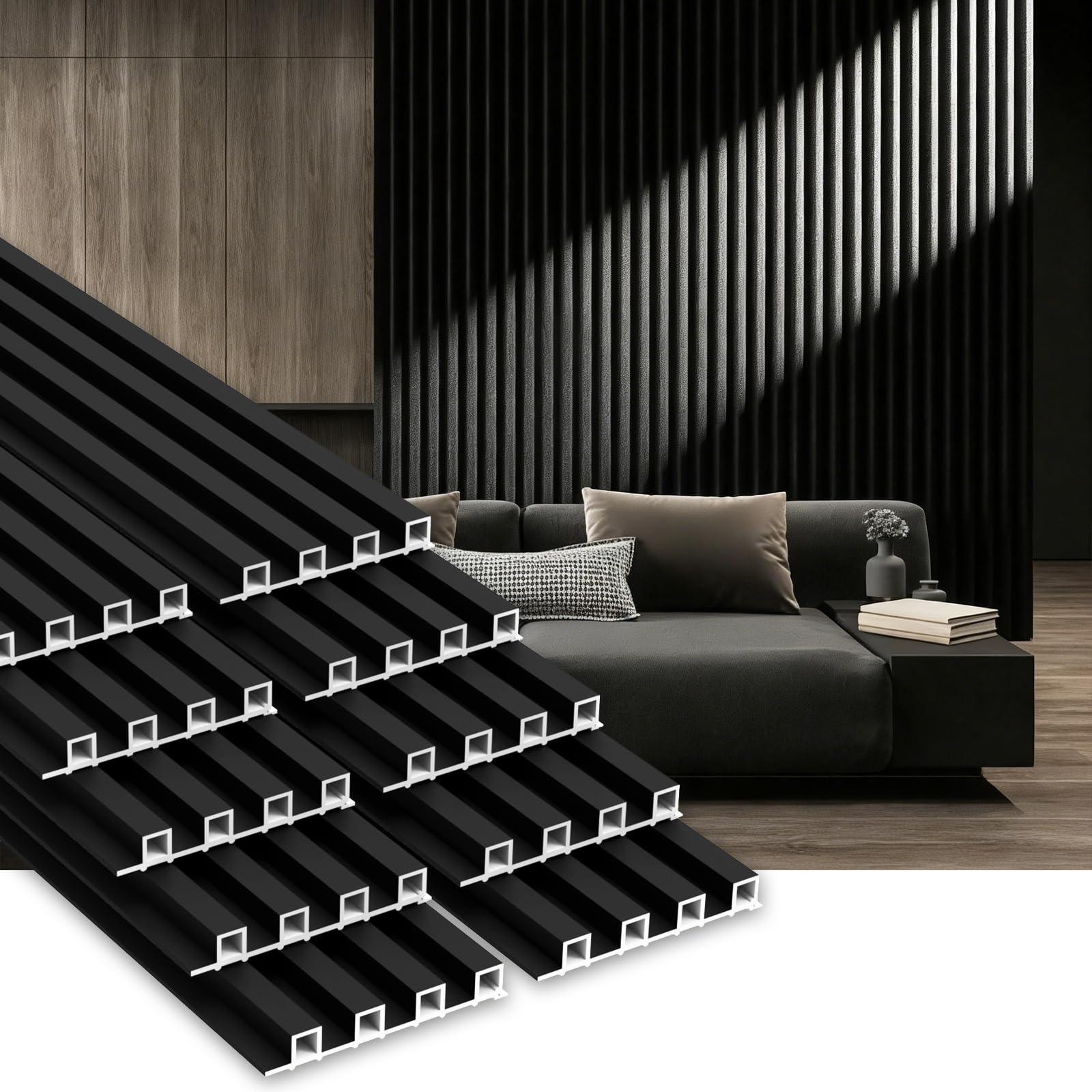 Photo 1 of **MAJOR DAMAGE** SOLD FOR PARTS ONLY** RITOLLO WPC Slat Wall Panels, 90.6 x 6.6 x 0.9Inches 3D Accent Wall Panels for Interior Home Decor, Fluted Wood Paneling for Living Room, TV Background, Office, Bedroom (Matte Black)