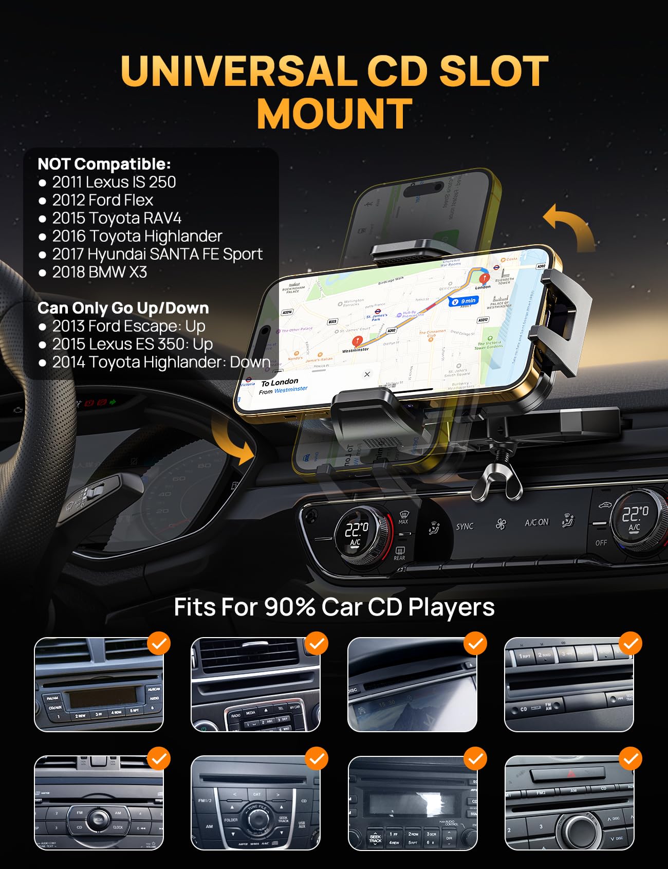 Firm-hold CD Player Phone Holder for Car, Anti-vibration, Rotatable Universal CD Slot Phone Mount, Single-press Release, Heat-resistant, Compatible with iPhone & Samsung (Vent-Free, Dashboard-Free)