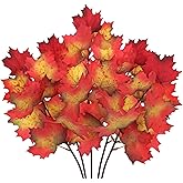 GnFlus 5 Pcs Artificial Fall Maple Leaves Stems 19.6” Fake Autumn Foliage Branches for Home Kitchen Farmhouse Vase Thanksgiving Table Centerpieces Party Halloween Decor Red and Orange