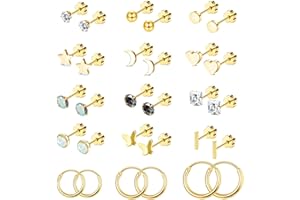 Staligue 15 Pairs Surgical Steel Earrings for Women Men Flat Back Earrings Hypoallergenic Opal Ball CZ Hoop 20 Gauge Earrings Sets for Multiple Piercing Jewelry