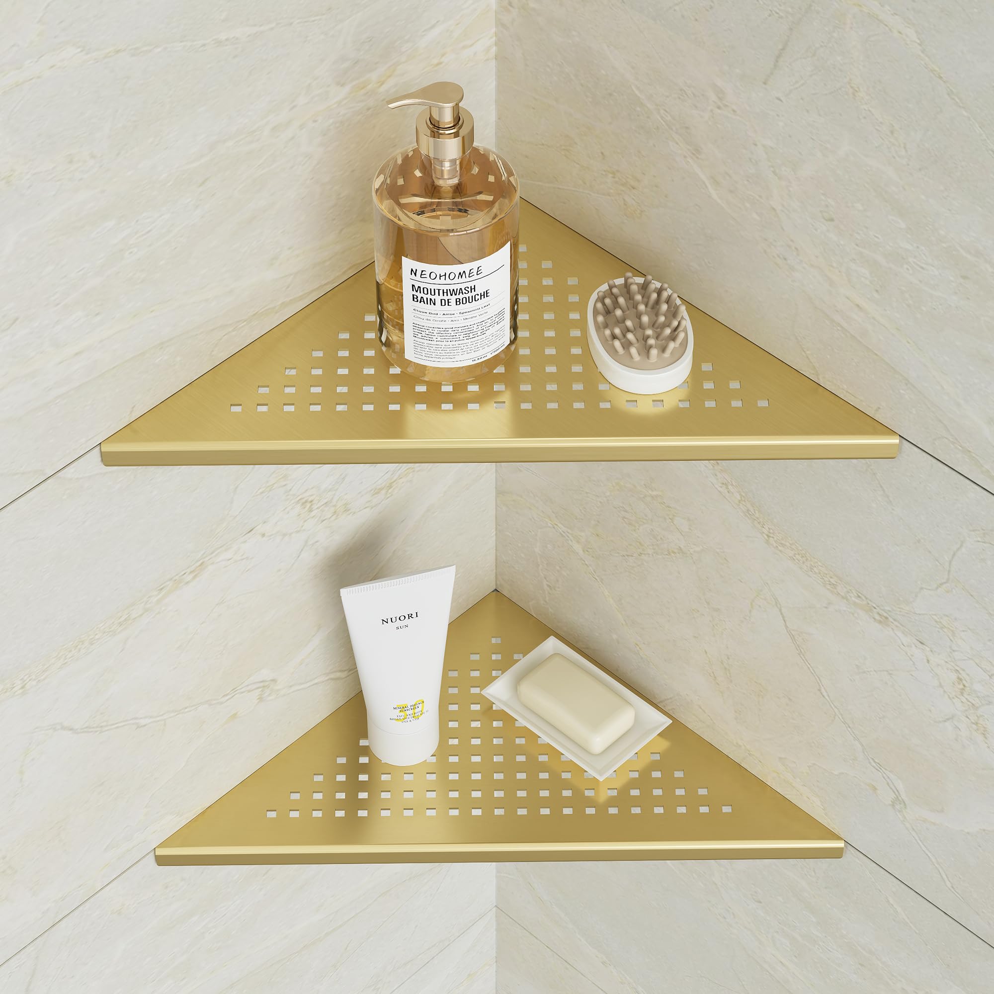 Neodrain Shower Corner Shelf Stainless Steel Bathroom Shelf Gold Shower Caddy Storage Tiles Recessed for Bathroom Kitchen, 2 Pack