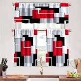 MCALK Red Kitchen Curtains Tiers and Valances Set for Windows, Geometric Modern Art Kitchen Window Curtains, Grey and Black Valances for Living Room (36" Tiers Set)