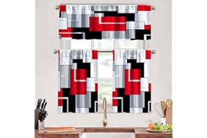 MCALK Red Kitchen Curtains Tiers and Valances Set 3 Piece for Windows Geometric Modern Art Kitchen Window Curtains Set,Grey and Black Valances for Living Room(36" Tiers Set)