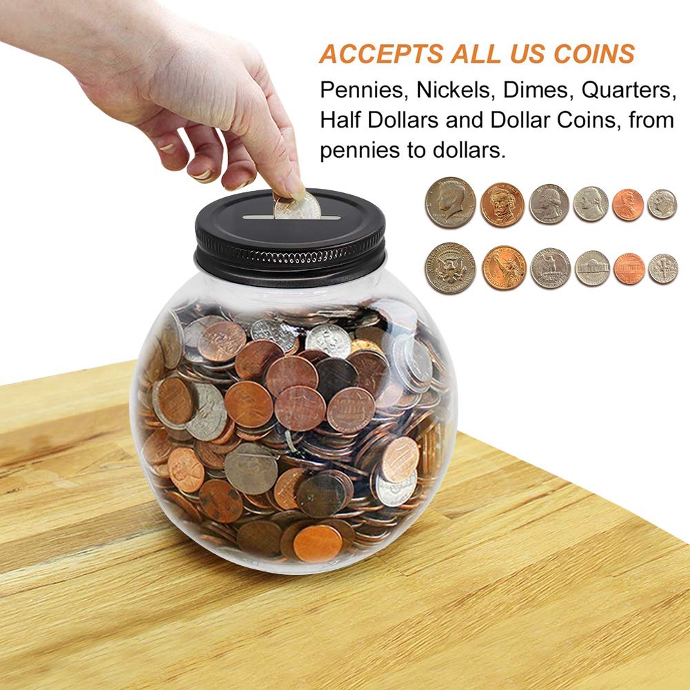 Clear Glass Piggy Bank with Black Slotted Lid, Well Sized Coin Bank, Two Placement Methods Money Tip Coin Jar for Adults Teens Kids Girls Boys