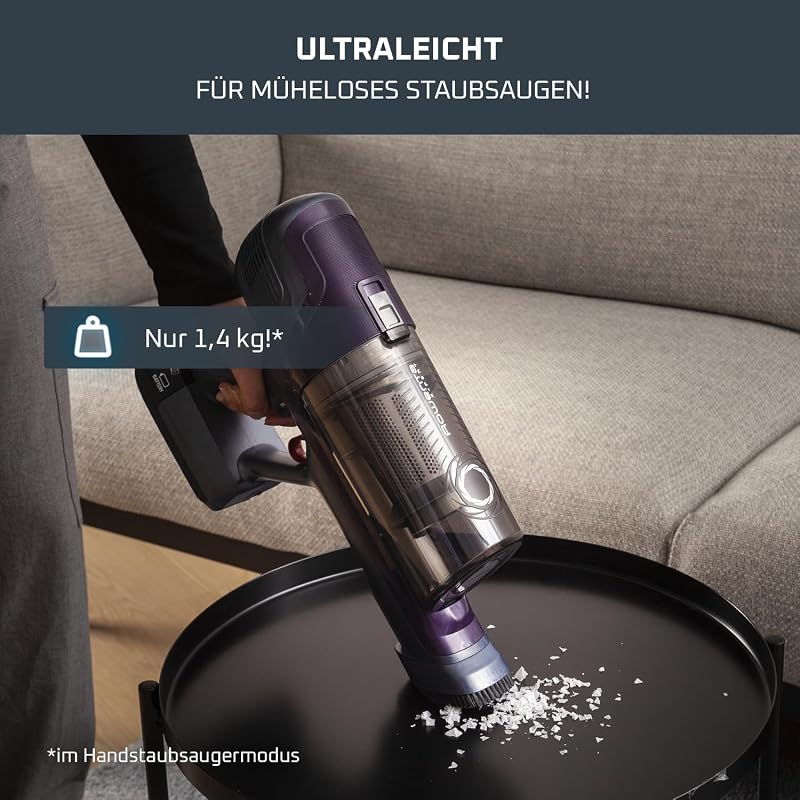 X-Pert 6.60 Essential Akkustaubsauger, 100 W Leistung, 45 Min Laufzeit, kabellos & beutellos, LED-Bürstenkopf, herausnehmbarer Akku, inkl. Fugendüse und Wandhalterung, violett/schwarz, RH6838