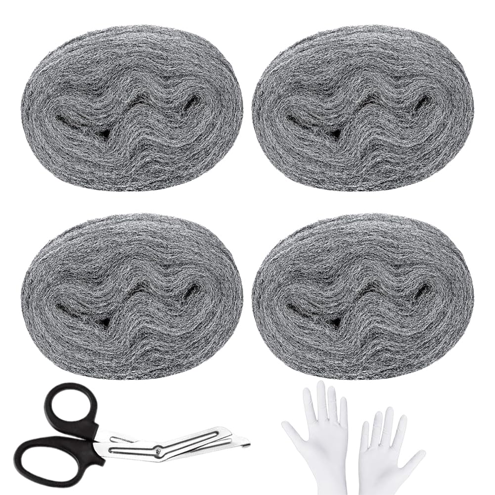 4 Rolls Steel Wool for Mice Control, 0000 Coarse Wire Wool with Work Gloves & Scissors - Rodent Proof Gap Blocker Kit, DIY Fabric Fill to Stop Rats, Mice, Insects & Pests, Easy to Use Home Protection