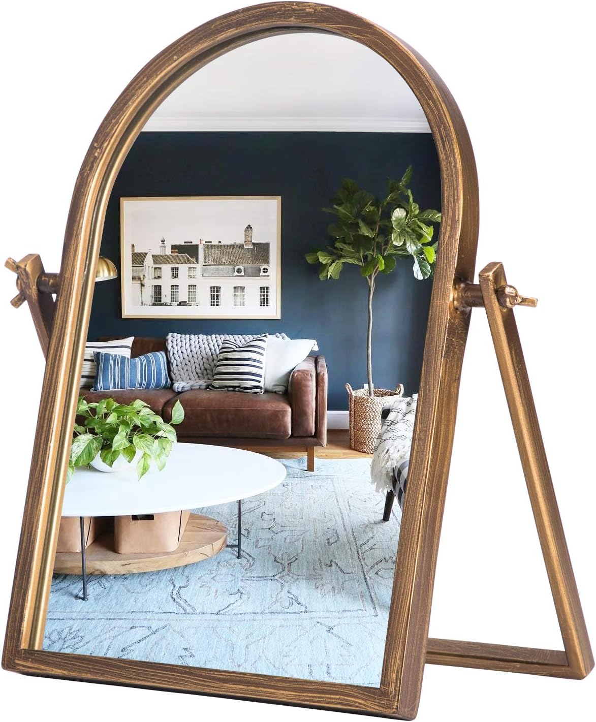 Geloo Vintage Vanity Mirrors Decor - Desk Makeup Antique Mirrors 360 Adjustable Rotation,Golden Metal Framed 10" Small Standing Mirror, for Tabletop Decor, Office, Bedroom, Bathroom, Living Room: Furniture & Decor