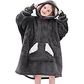 Touchat Wearable Blanket Hoodie for Kids & Teens 6-13 Year Old, Oversized Sherpa Fleece Sweatshirt with Pocket, Soft Cozy Hooded Blankets Christmas Birthday Gift for Boys and Girls, Grey