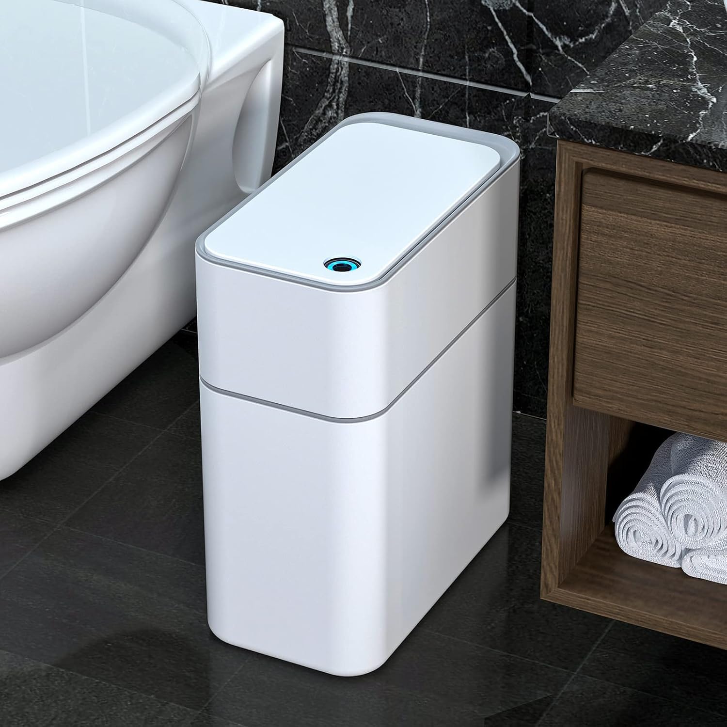 Photo 1 of **(MISSING LID)***MOPALL Small Bathroom Trash Cans with Lids,Motion Sensor Bathroom Trash Can,Narrow Waterproof Plastic 3.5 Gallon Automatic Adsorption Touchless Garbage Can,White