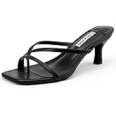 Lookyno Strappy Kitten Heels for Women Square Open Toe Heeled Thong Sandals Low Heel Sexy Trendy Flip Flop Party Casual, Black, 10.5