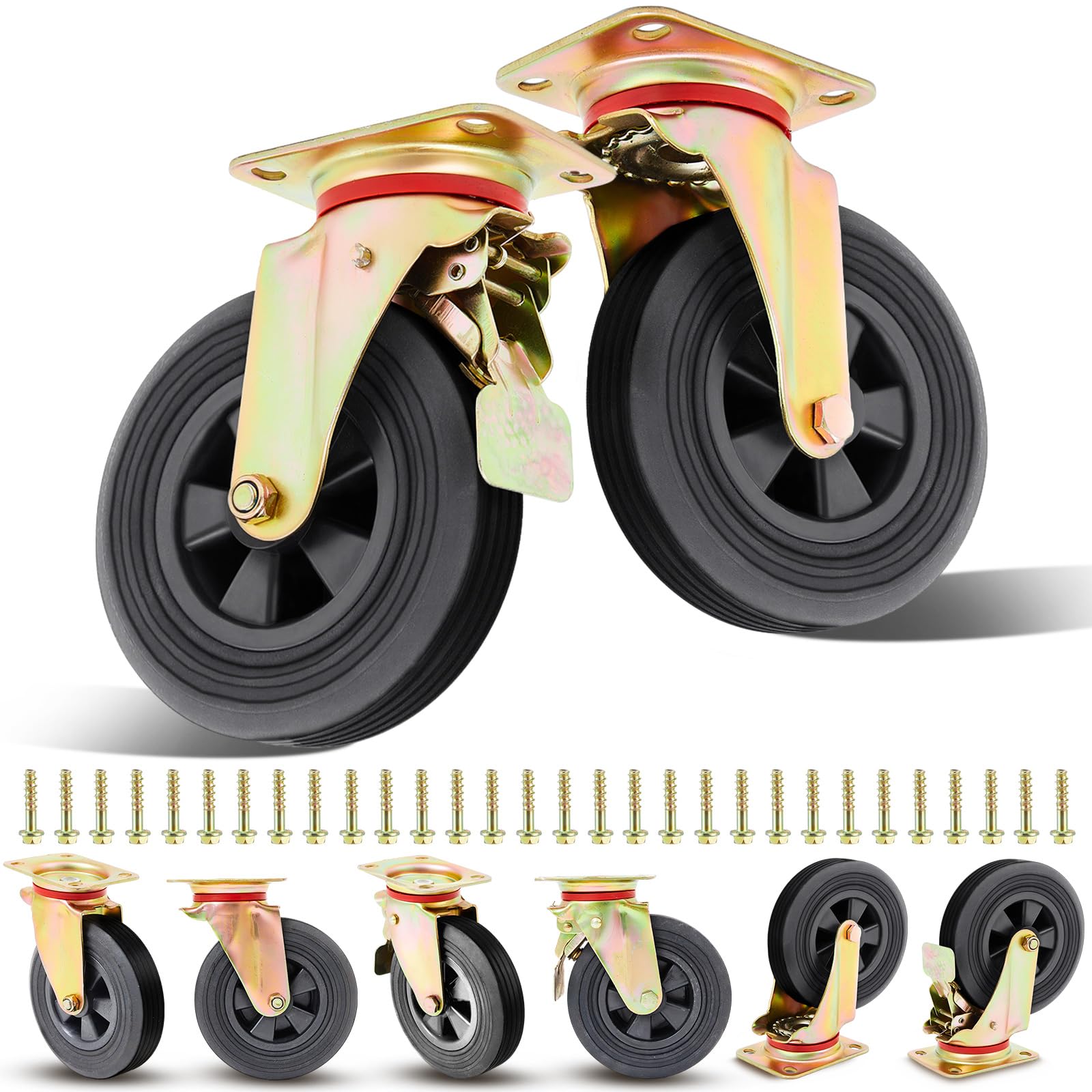 Photo 1 of **SCRAPES FROM TRANSPORT **Aurelema 8 Pcs Heavy Duty 8 Inch Caster Wheels Set Industrial Swivel Locking Casters for Furniture Cart Workbench Outdoor Castors Dual Locking Replacement 3200lbs Load Capacity Including Bolts Screws