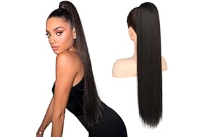 Flufymooz ponytail extension, 26 Inch Long Straight Drawstring Ponytail Hairpieces Fake Pony Tails Natural Soft Clip in Hair Extension pony Tail for Women (Black Brown)