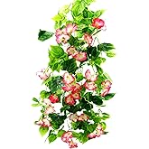 FERIAL Artificial Vines Rosered Morning Glory Vine Artificial Flowers Hanging Plants Garland Fake Green Plant for Wall Fence Indoor Wedding Banquet Decor