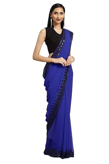 Womens Faux Georgette Embroidered Saree With Sequins & Blouse Fabric
