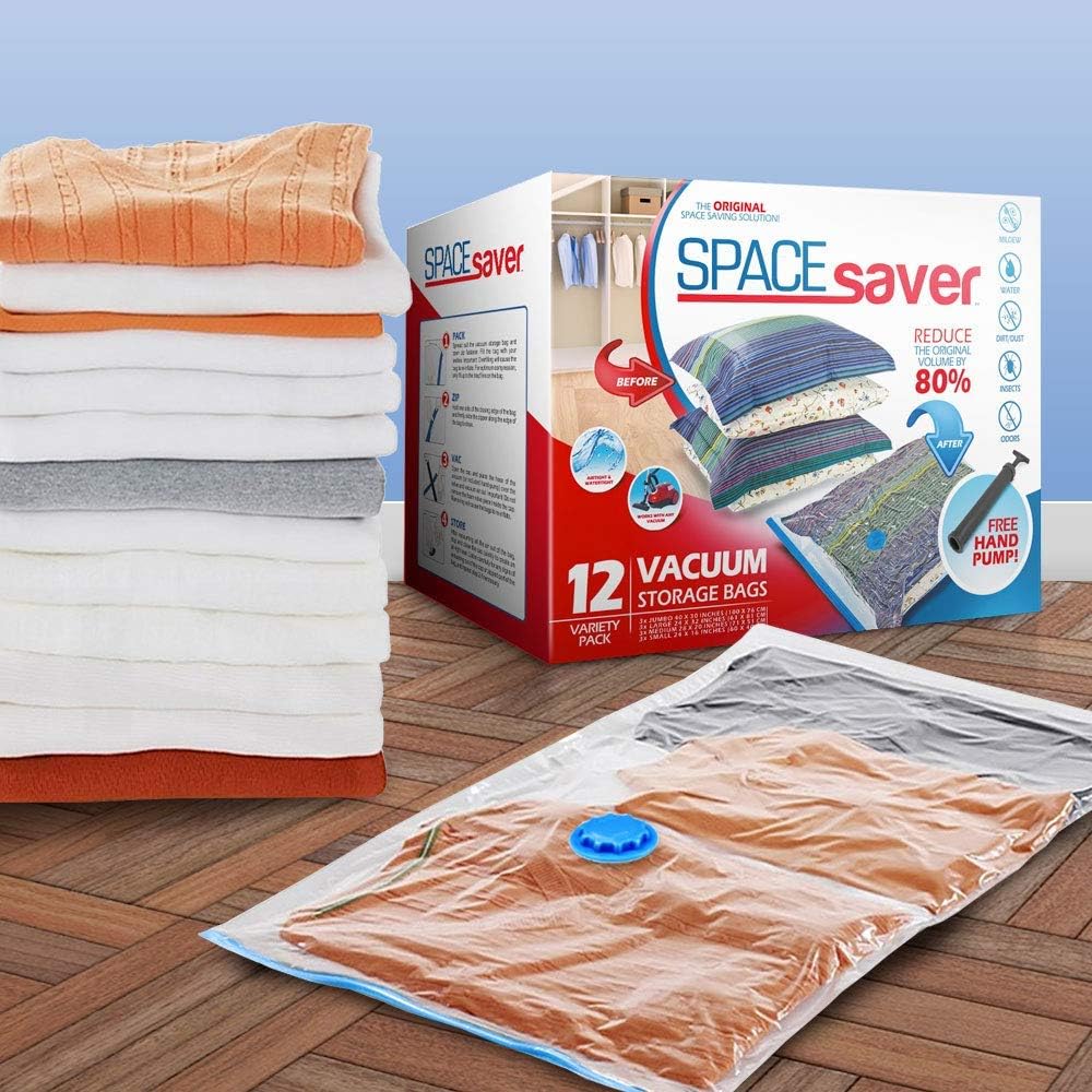 Spacesaver Premium Vacuum Storage Bags (3 x Small, 3 x Medium, 3 x Large, 3 x Jumbo) (80% More Storage Than Leading Brands) Free Hand Pump for Travel! (Variety 12 Pack): Home & Kitchen