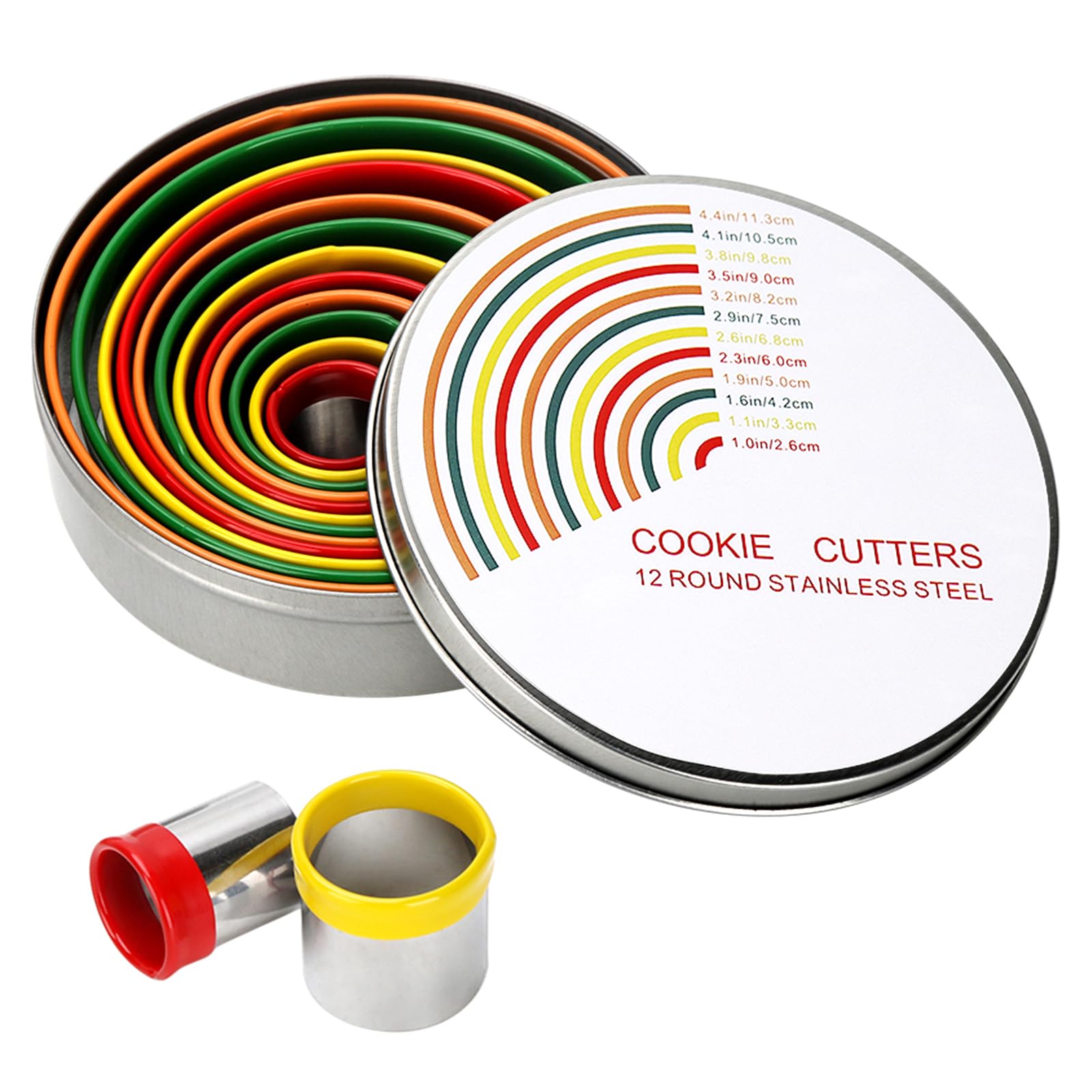Alimat PluS Round Cookie Biscuit Cutter Set - 12 Pack Pastry Cutters in Graduated Sizes for Donut, Dough, Fondant, Clay - Stainless Steel Circle Cutter Cake Ring Molds with Colorful Rubber Coating