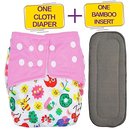 Bembika Washable Reusable Cloth Diaper Adjustable with 5 Layer Bamboo Charcoal Insert (Pink Doodle)
