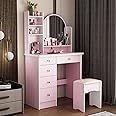 ECACAD Vanity Desk Set with Round Mirror, Makeup Dressing Table with 5 Drawers, Storage Shelves & Cushioned Stool for Bedroom, Pink