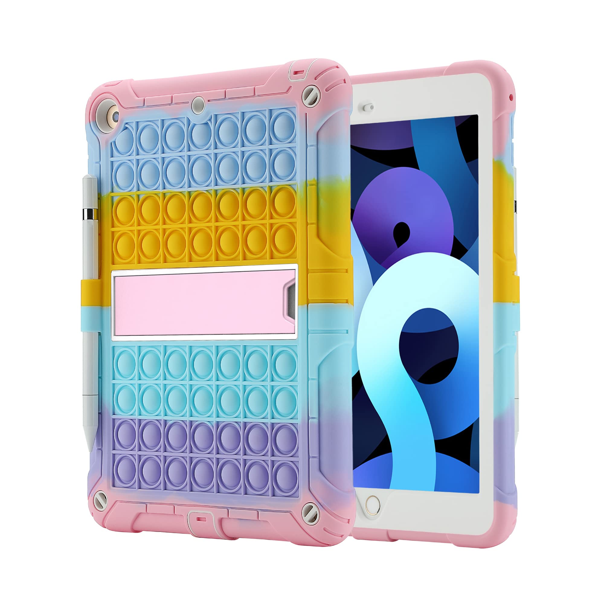 Fidget Sensory Case for iPad 9.7 inch 5th/6th Generation 2018/2017/Air 2/iPad Pro Shockproof Full Body Protection Push Pop Bubble Case with Pencil Holder Kickstand Shoulder Strap (Rainbow 1)