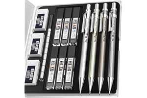 Nicpro 4 Pack Mechanical Pencil 0.7mm with Case, MB1000 Metal Mechanical Pencil Set with 6 Tube HB #2 Lead Refill 0.7 mm, 3PCS 4B Eraser, 9 Cap Eraser for Artist Drafting Writing, Sketching, Drawing