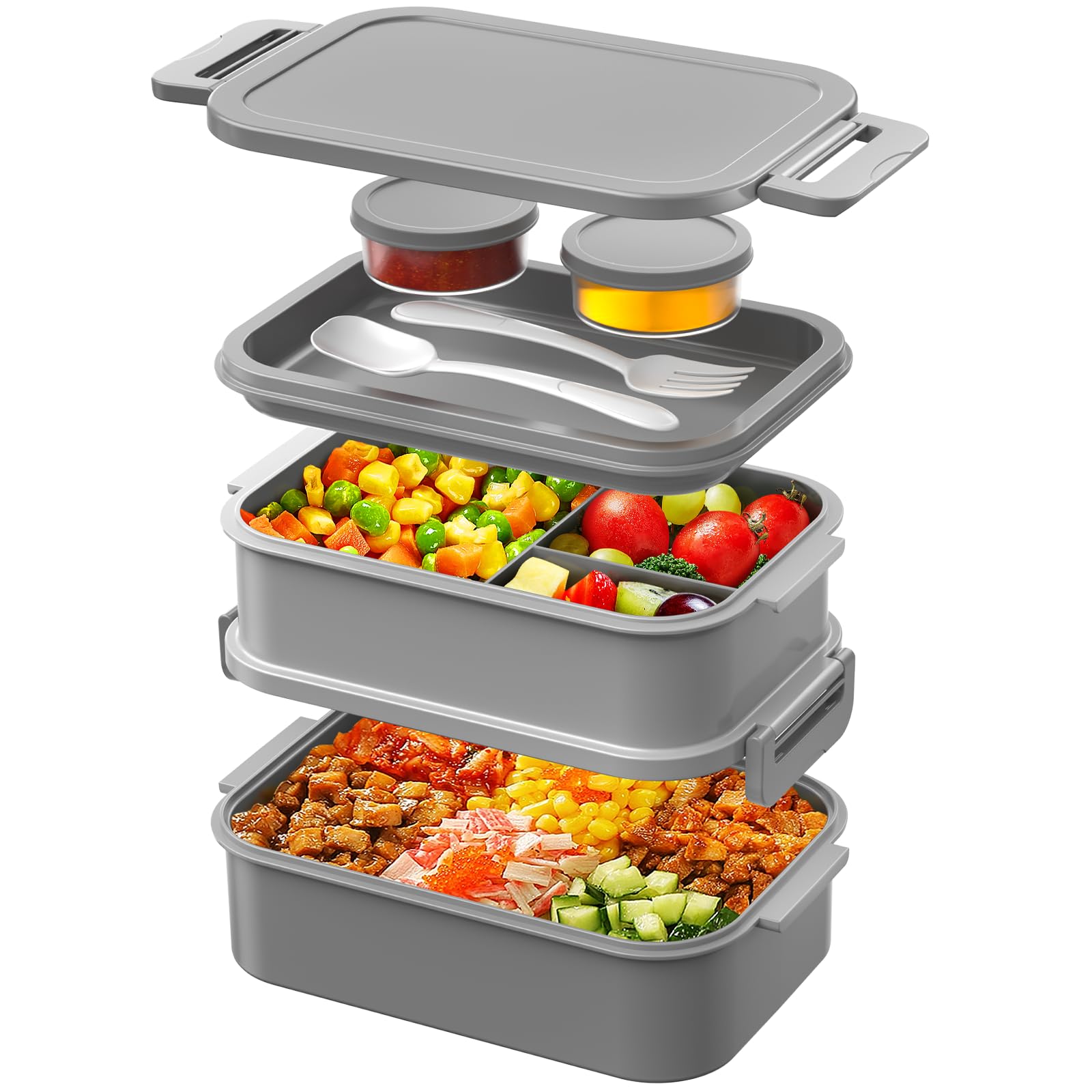 WayEee Lunch Box Adults,2130ml Large Capacity Bento Lunch Box with Compartments, 3 Layers Leak-Proof Bento Box for Office, School(Grey)