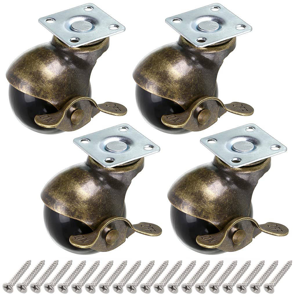 Skelang 4 Pcs 50 mm Ball Castor Wheel, Plate Castor with Brakes, Antique Plate Swivel Caster for Furniture, Storage Chest, Cabinet, Coffee Table, Load Capacity 30 kg Per Caster