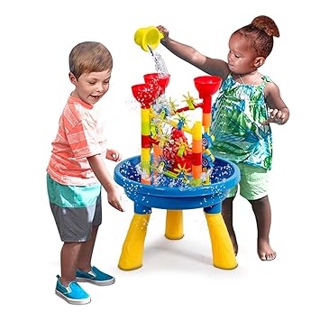 Costzon Sand And Water Play Table For Kids 2 In 1 Beach Set Toys With Sand Shovel Rake Water Windmill Mini Boat Castle Shape Molds 30 Pcs