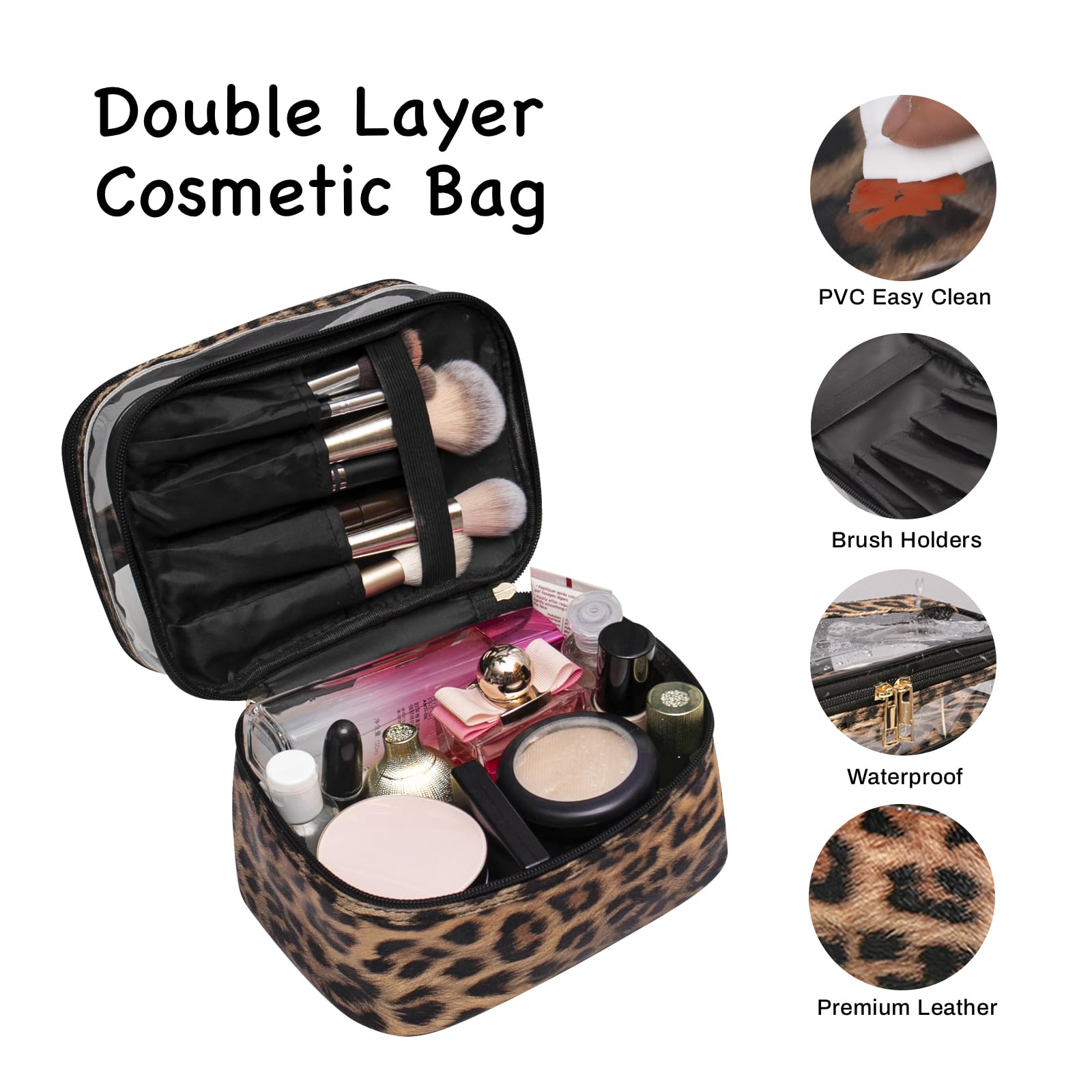 Double-layer Cosmetic Bag Makeup Bag Travel Makeup Bag Makeup Bags for Women Cosmetics Cases Portable Waterproof Foldable (Leopard)