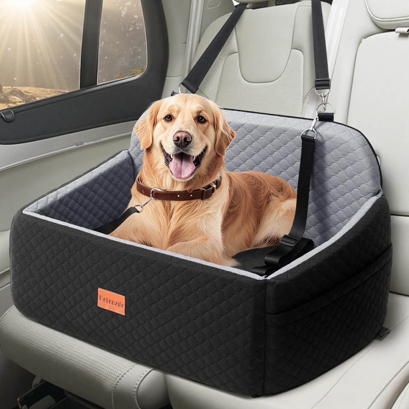 Photo 1 of Dog Car Seat for Large Medium Dogs, Pet Car Seat Under 55 lbs or 2 Puppies, Removable Washable Pets Travel Booster Bed for Automotive Backseat with Comfy Thick Cushion, 2 Safety Leashes(Black/Gray)