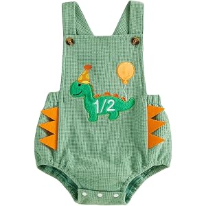 Lamuusaa Toddler Baby Boy Birthday Outfit Sleevelesss Half/One Dinosaur Embroidery Romper Backless Bodysuit Cake Smash Outfit