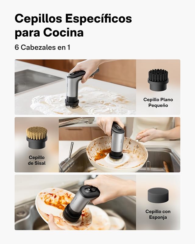 Grip™ Cepillo Eléctrico de Limpieza Hogar, IPX7 Impermeable, Cepillo Limpieza Eléctrico Ligero (0.29 kg) con 6 Cabezales, para Limpieza de Cocina, Vajilla, Encimera, Parrilla, Placa, Baldosas