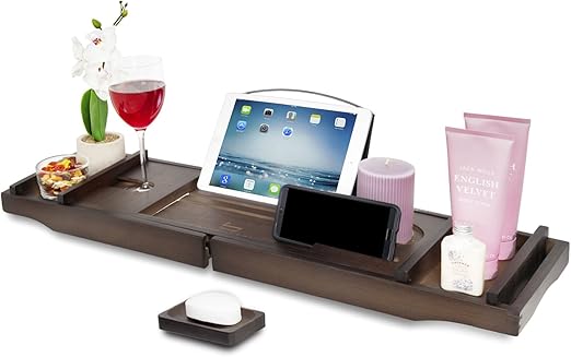 Bamboo Bath Caddy Tray Extends Up To 110 Cm With Adjustable Book Holder Wine Glass Slot And Matching Soap Holder Dish Amazon De Kuche Haushalt