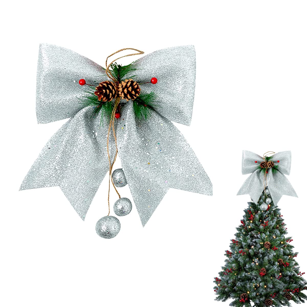 1P Silver Bow for Tree, 9.8x11.8in Glitter Wreaths & Sequin Ties, Xmas Ornaments for Tree Topper, Wreaths, Garland Decor