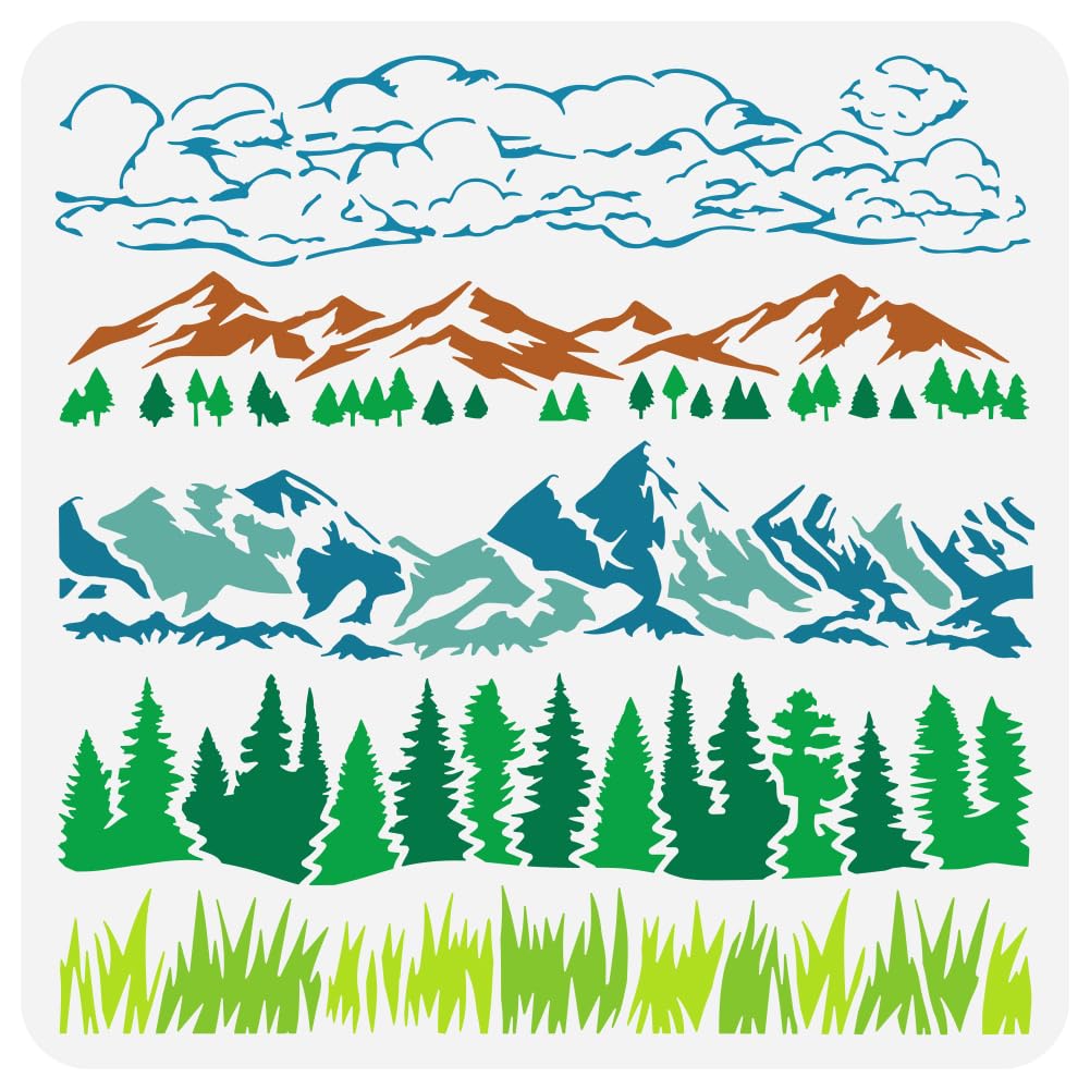FINGERINSPIRE Natural Scenery Border Painting Stencil 30x30cm Reusable Grass Pine Trees Mountains Clouds Pattern Drawing Template Decor Stencil for Painting on Wood Wall Paper Furniture