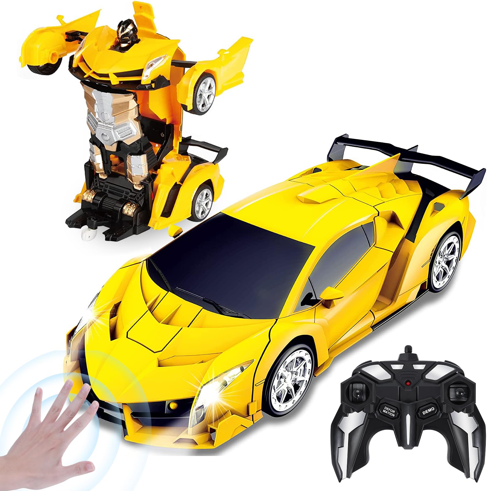 Yellcetoy Transform Toys Remote Control Car, RC Robot Cars with Hand Gesture Sening LED Light & Music, 2.4Ghz Transforming Car with Batteries, Gifts for Kids Boys Age 3-10 Yellow