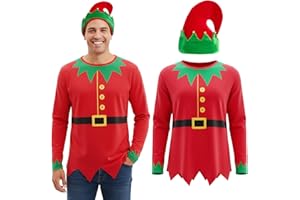 Yaomiao Men's Elf Print Shirt Christmas Long Sleeve Shirt with Elf Felt Hat Costume for Xmas Holiday Party