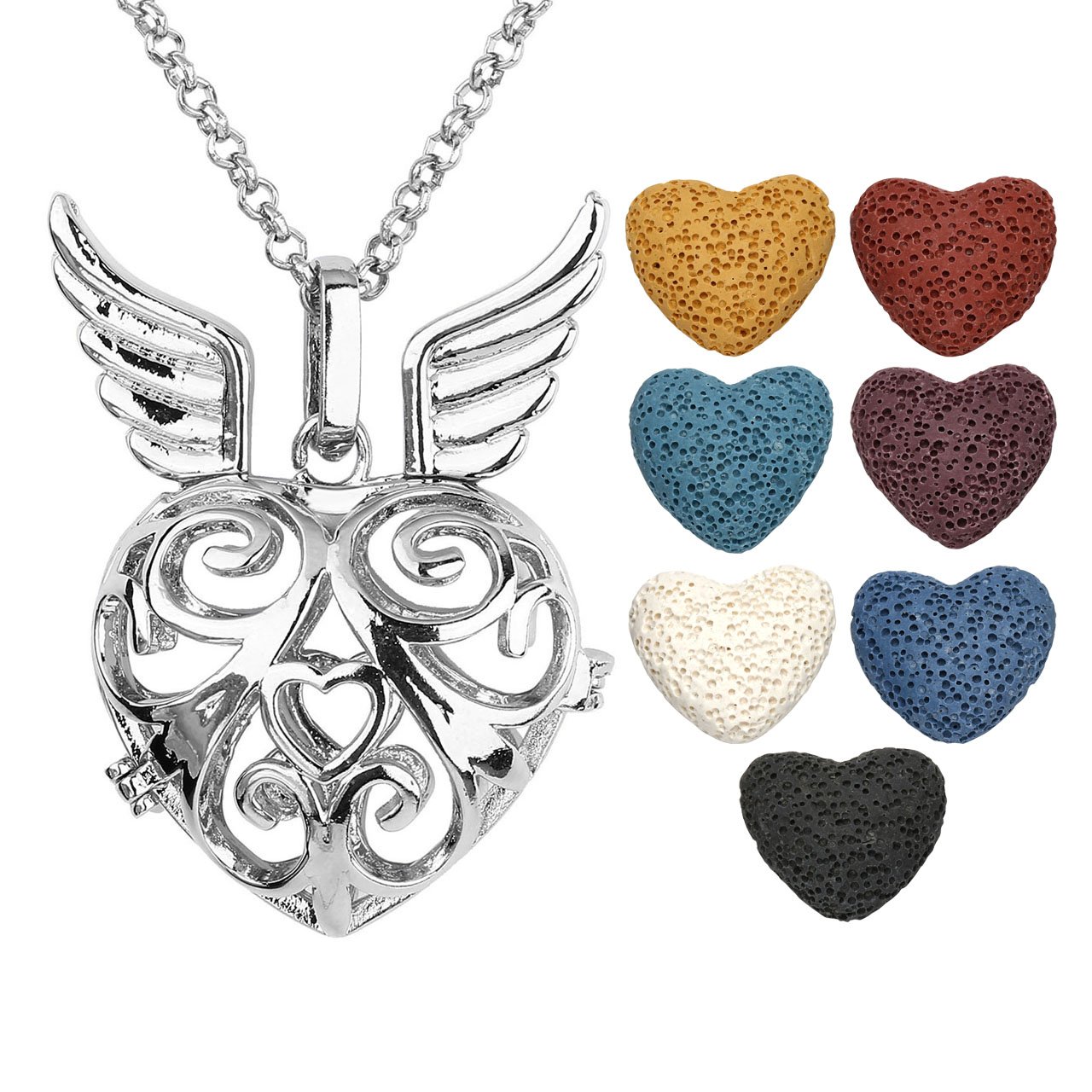 JOVIVI Bijoux Pendentif Collier Chakras Bouddhiste Tibetin Ailes d\'Ange Forme Coeur Argente + 7 Pierres Laves Colorees Coeurs