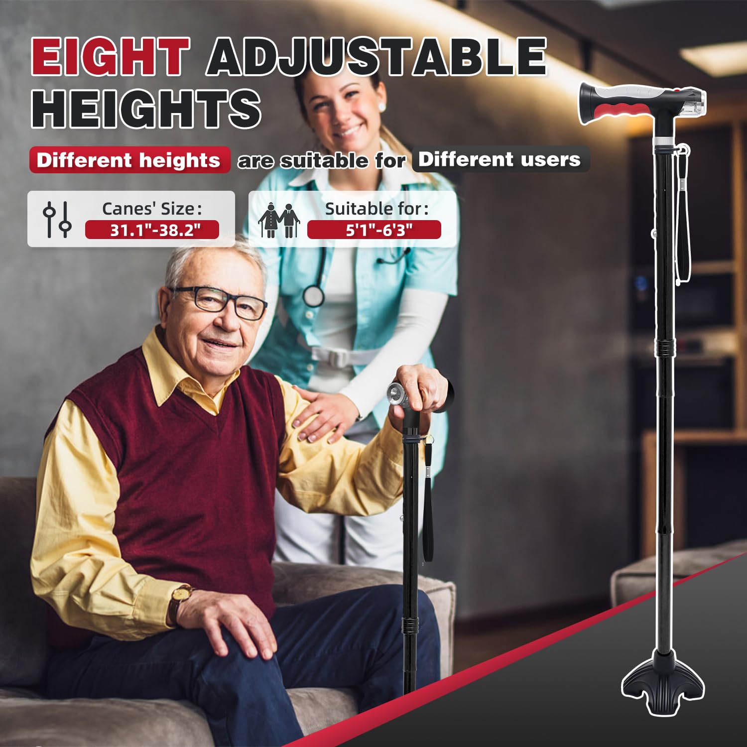 BigAlex Folding Walking Cane with Two Led Lights for Elderly Solid Base Adjustable Walking Stick with Carrying Bag for Men Women