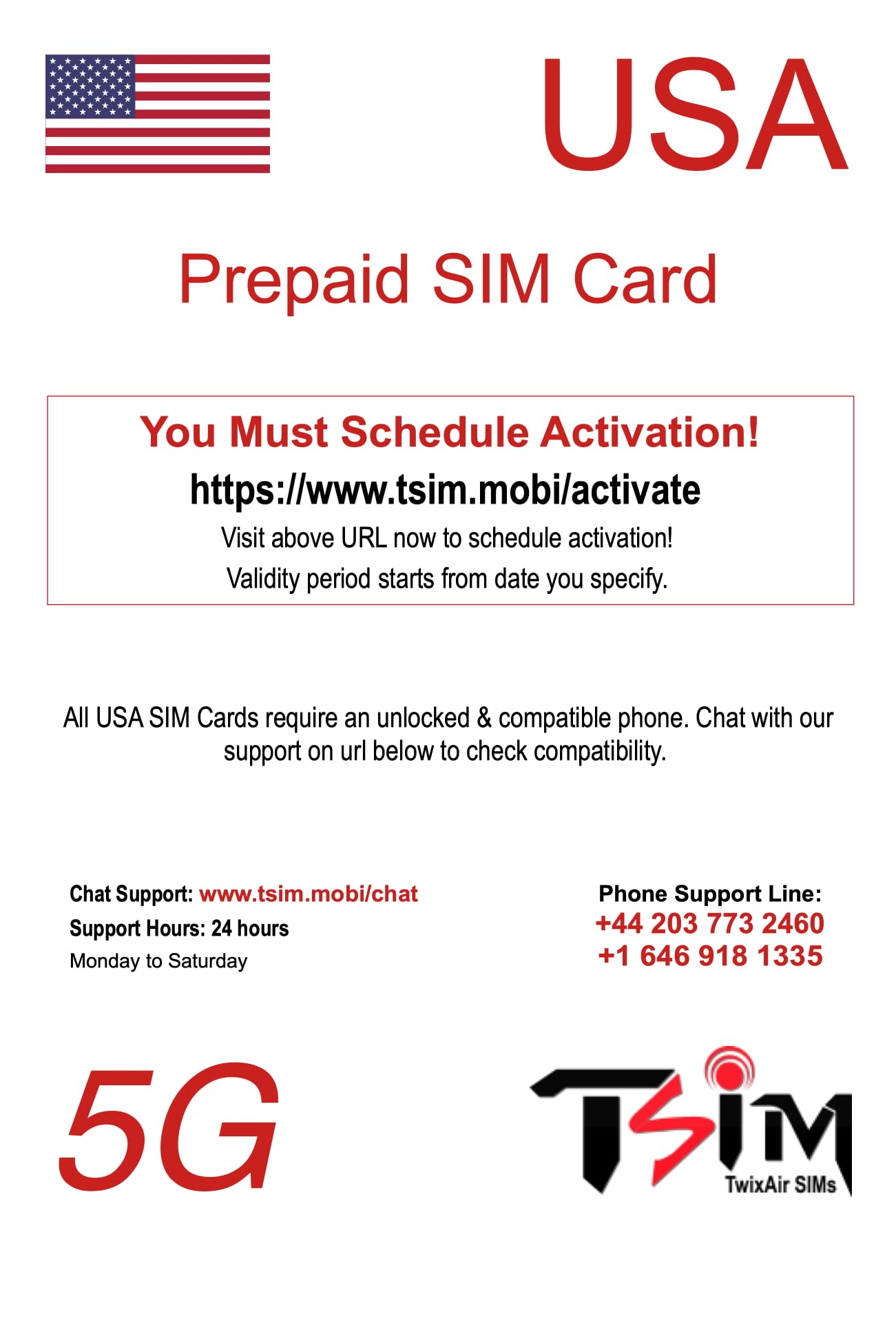 PrePaid USA SIM card. Unlimited incoming and outgoing calls/text | Ultra High Speed 5G Data allowance. Hotspot/Tethering/Internet Sharing allowed. (Unlimited+CallHome x 1 Month)