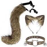 QinRuan Cat Ears and Wolf Fox Animal Tail Cosplay Costume Faux Fur Hair Clip Headdress Halloween Leather Neck Chocker Set