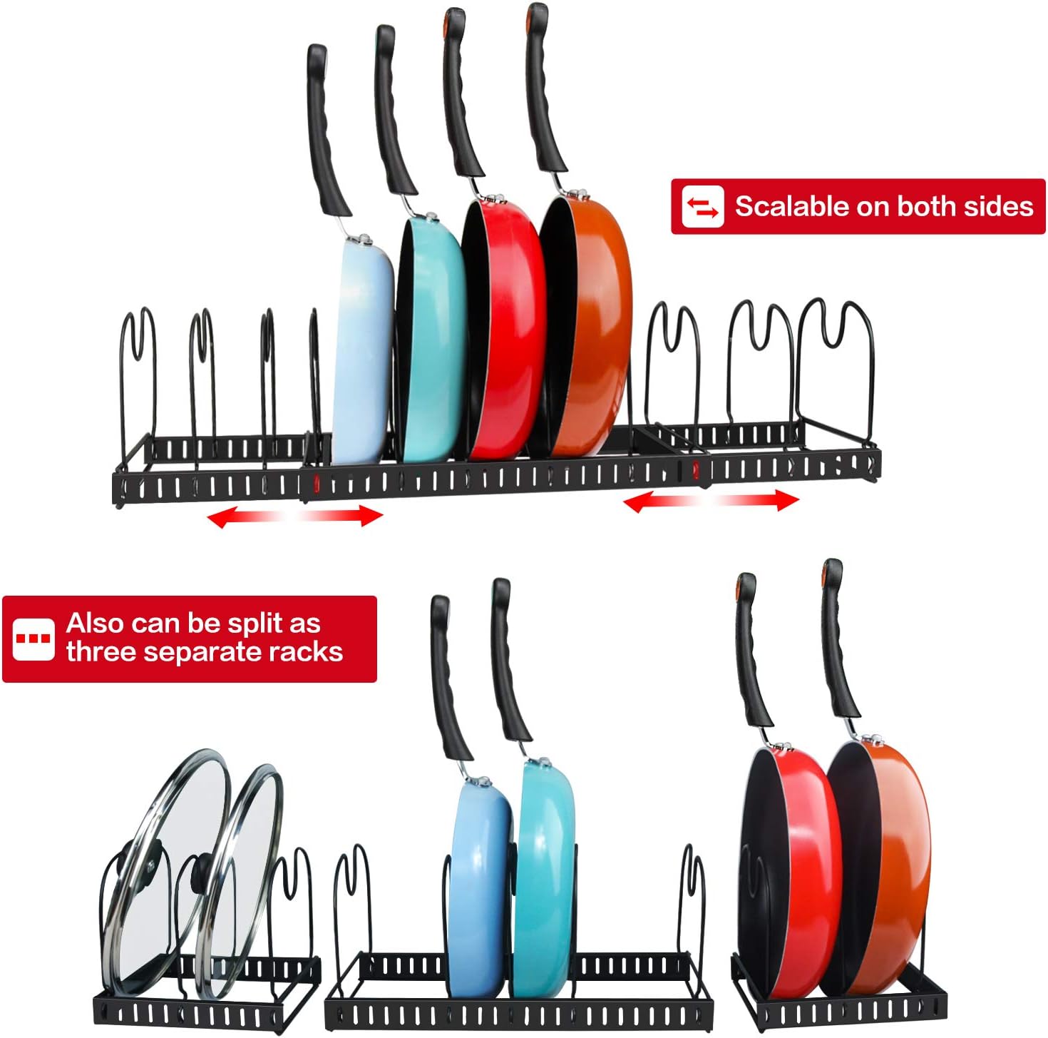 X-cosrack 11 Dividers Pot Pan Lid Rack Bakeware Cupboard Organizer, Expandable, Patent Pending. Black: Kitchen & Dining