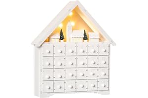 HOMCOM Christmas Advent Calendar, Light Up Table Xmas Wooden House Holiday Decoration with Countdown Drawer, Village, for kid
