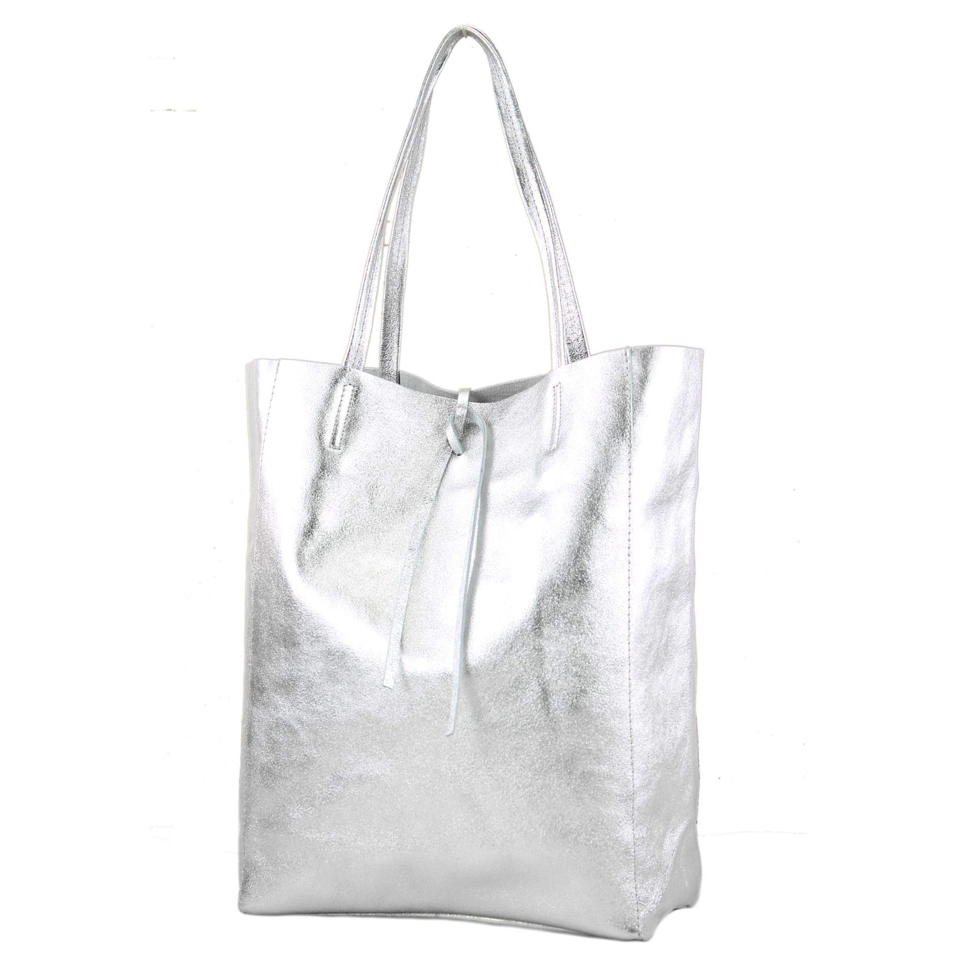 modamoda de - ital. Leather bag Ladies bag Shopper bag Large shoulder bag leather T163, Colour:Silver metallic