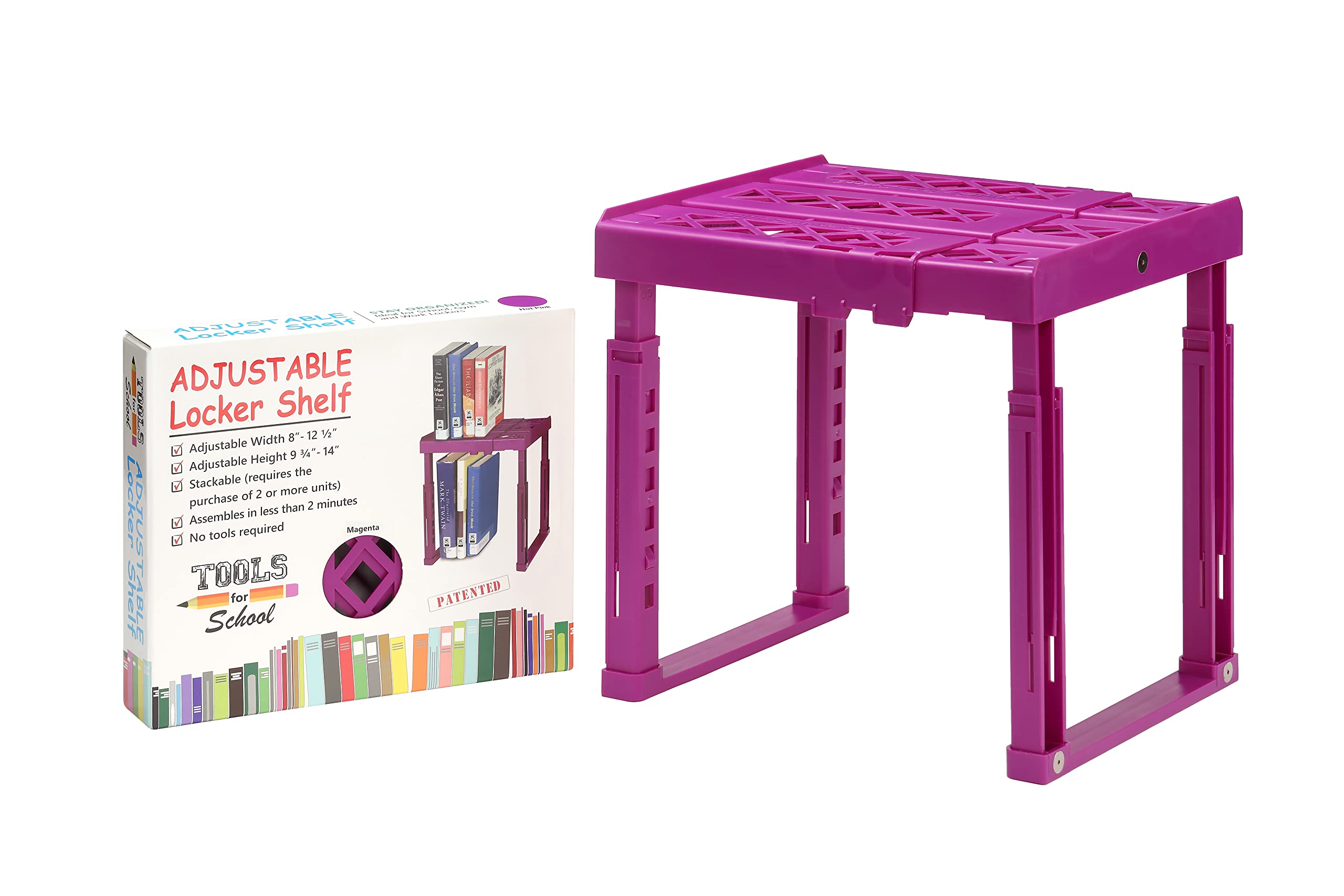 Photo 1 of Tools for School Adjustable Locker Shelf - Strong ABS Plastic - Width Adjusts from 8"-12.5" & Height Adjusts from 9 3/4"-14" - Patented Design - Beware of Cheap IMITATIONS - (Magenta)