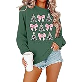ASTANFY Christmas Tree Sweatshirts Women Christmas Coquette Bow Graphic Pullover Holiday Long Sleeve Tee Tops